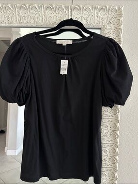 LOFT Black Puff Sleeve Cotton Blouse